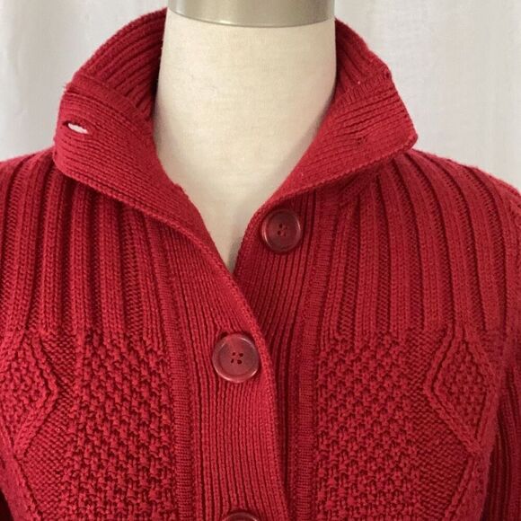 L.L. Bean Women's Signature Fisherman Sweater Cardigan Small Red Cable Knit - Picture 5 of 8